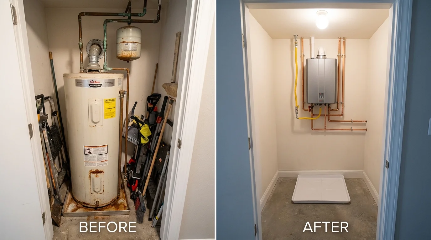Tank water heater versus wall-mounted tankless unit comparison for Riverside, PA homeowners