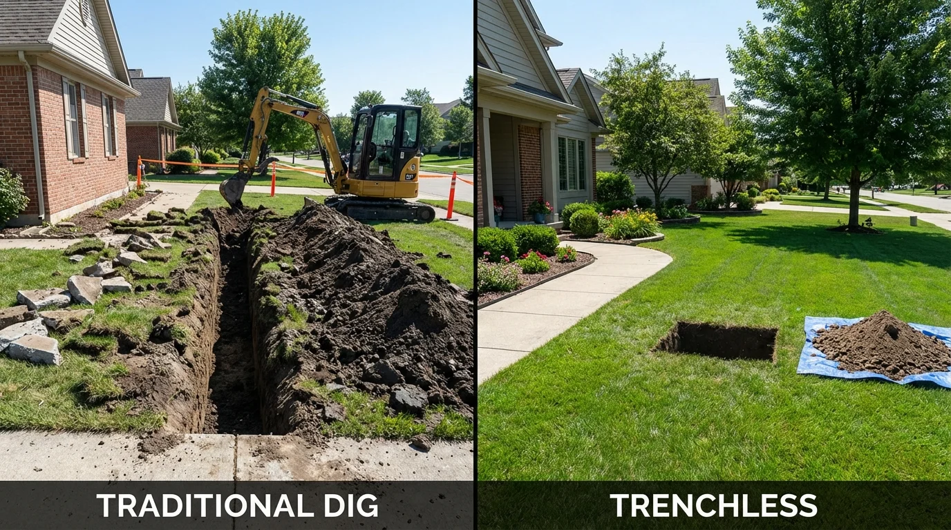 Trenchless sewer repair with minimal yard damage versus traditional excavation in Riverside, PA