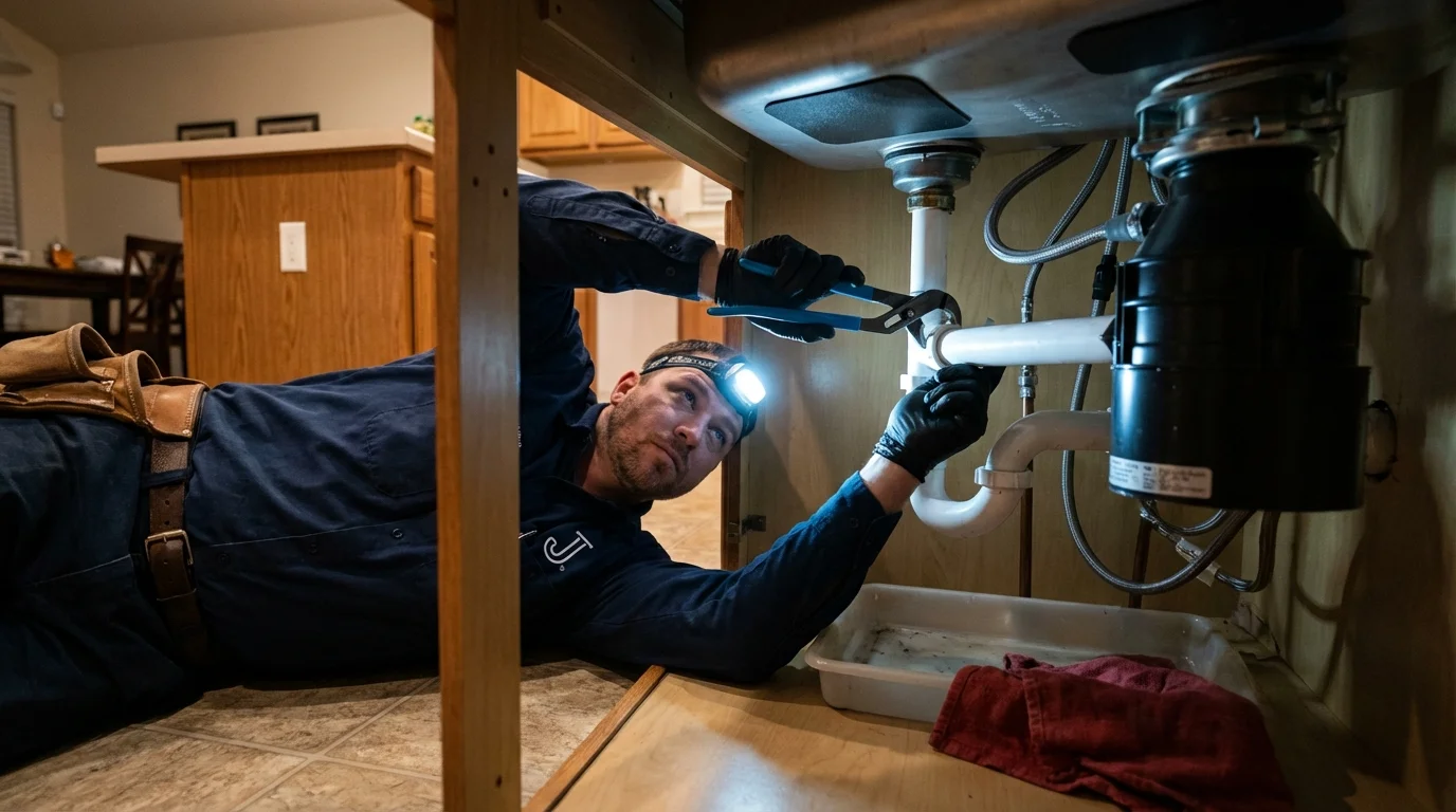 P-trap and supply line connections under a kitchen sink showing a common leak point in Riverside, PA